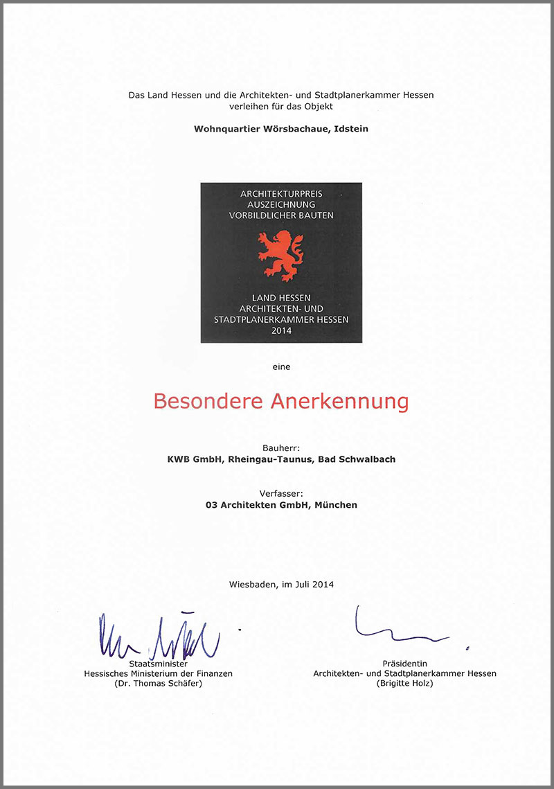 Besondere Anerkennung von der Arhcitekten- und Stadtplanerkammer Hessen an die kwb für das Wohnquartier Wörsbachaue, Idstein