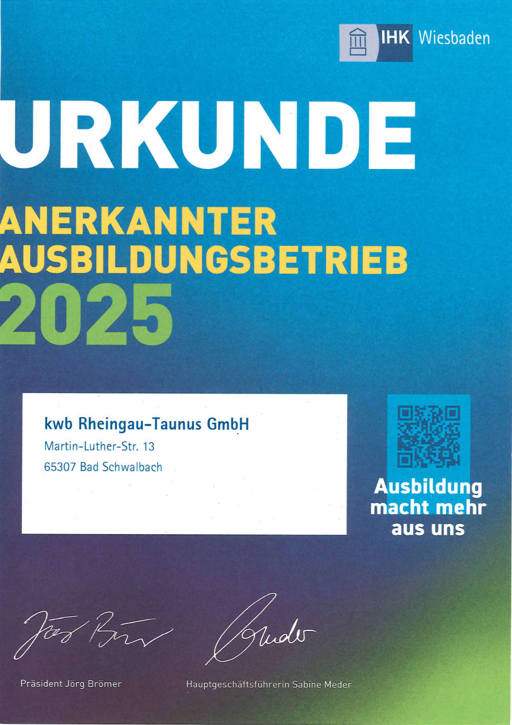 Ausbildungsurkunde von der IHK für die KWB 2021